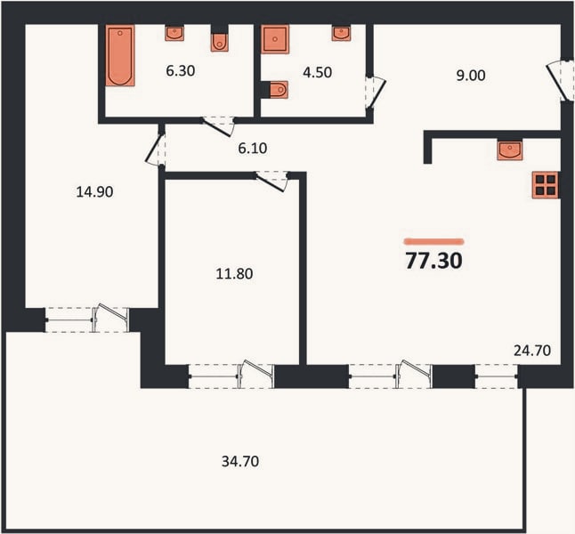 Планировка: 2-к, 77,3 м²