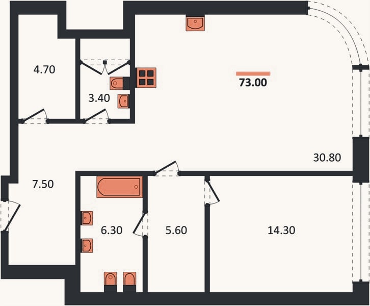 Планировка: 1-к, 74,7 м²