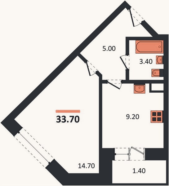 Планировка: 1-к, 33,7 м²