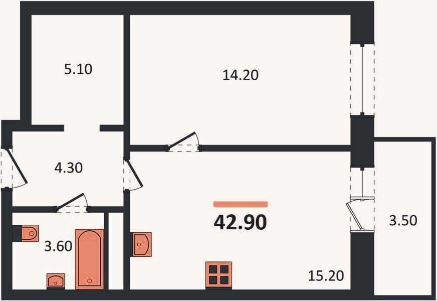 Планировка: 1-к, 42,9 м²