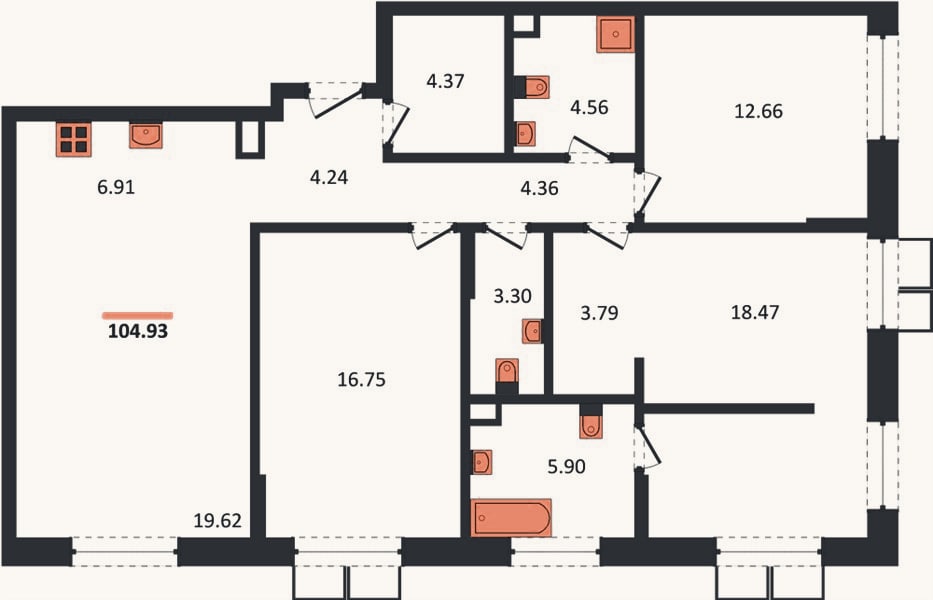 Планировка: 3-к, 104,9 м²
