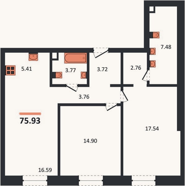Планировка: 2-к, 75,9 м²