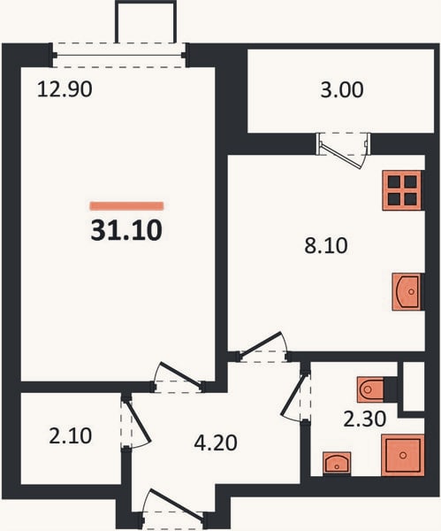 Планировка: 1-к, 31,1 м²
