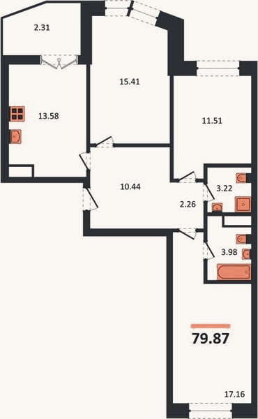 Планировка: 3-к, 79,9 м²