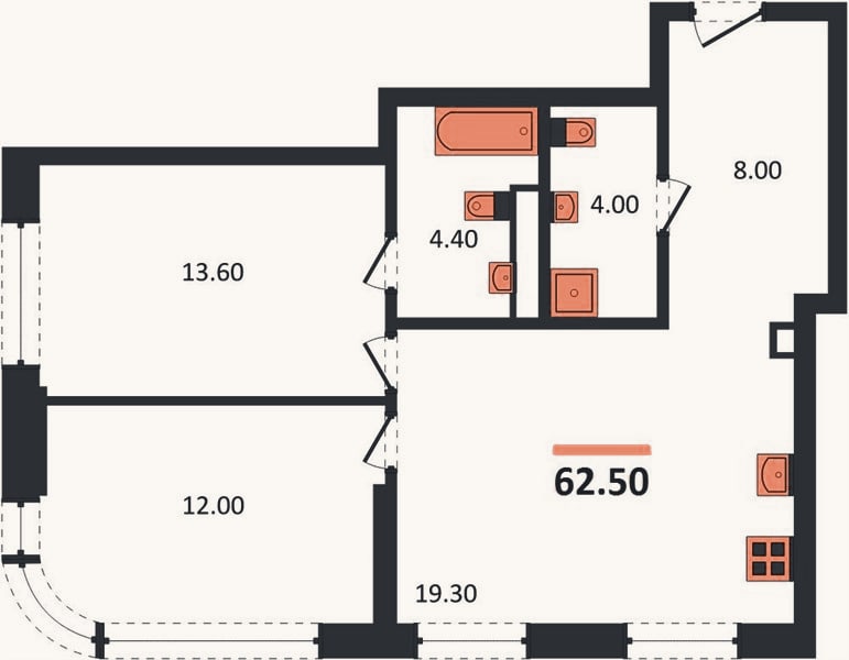 Планировка: 2-к, 62,5 м²