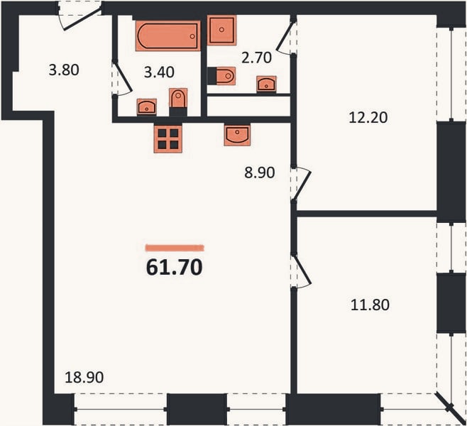 Планировка: 2-к, 61,7 м²