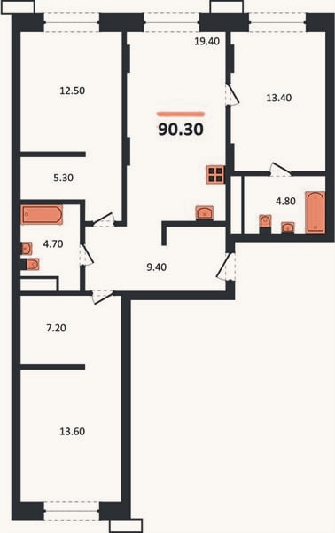 Планировка: 3-к, 90,3 м²