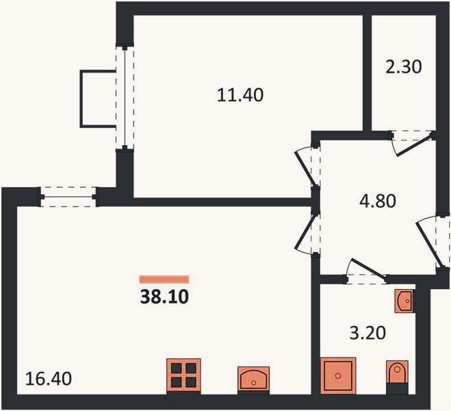 Планировка: 1-к, 38,1 м²