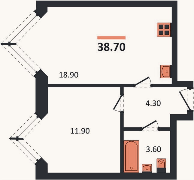 Планировка: 1-к, 38,7 м²