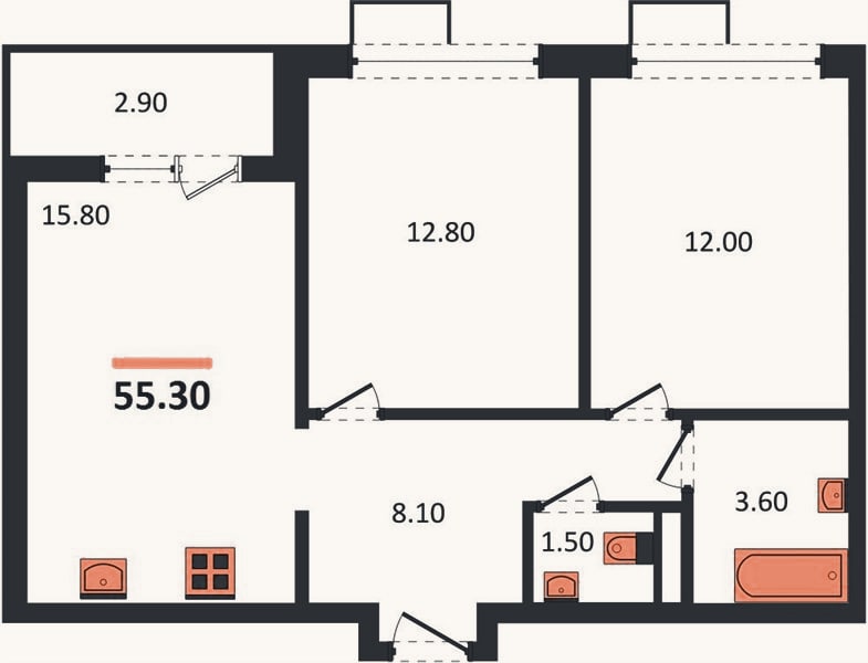 Планировка: 2-к, 55,3 м²