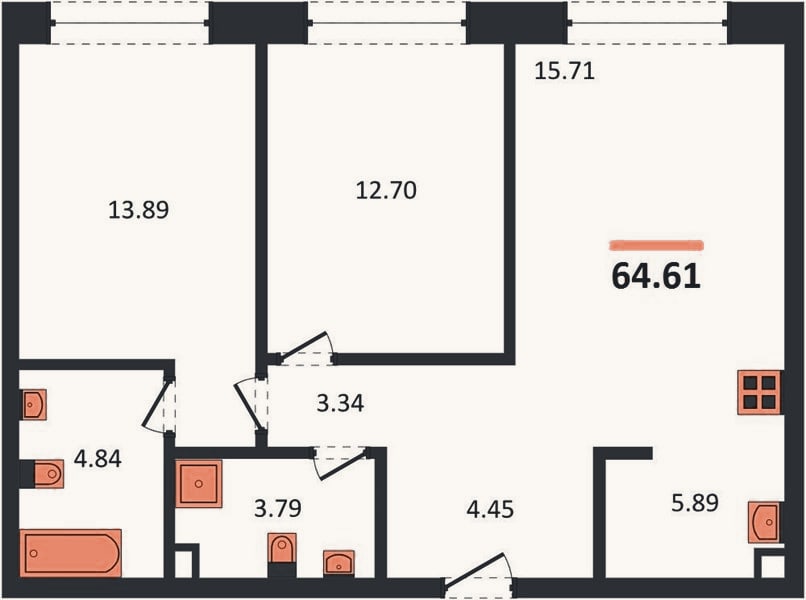 Планировка: 2-к, 64,4 м²