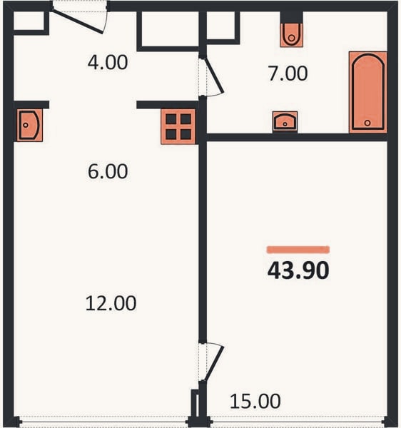 Планировка: 1-к, 43,9 м²