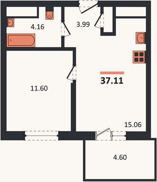 Планировка: 1-к, 37,1 м²