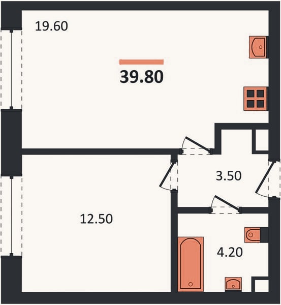 Планировка: 1-к, 39,8 м²