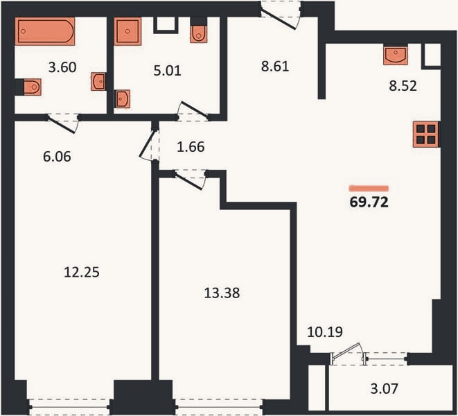 Планировка: 2-к, 69,6 м²