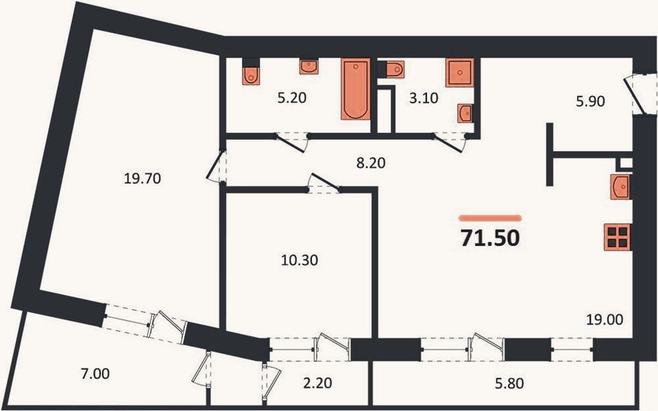 Планировка: 2-к, 71,5 м²