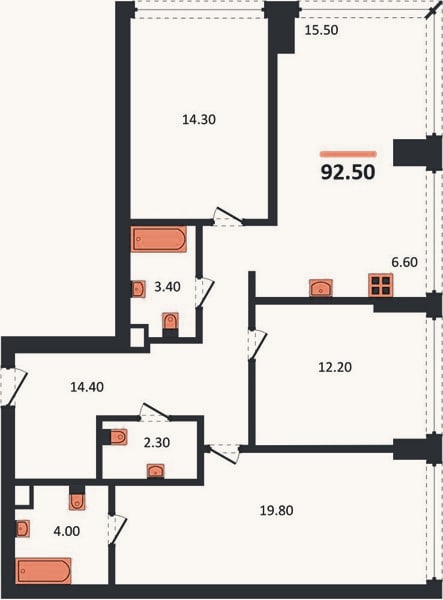 Планировка: 3-к, 92,5 м²
