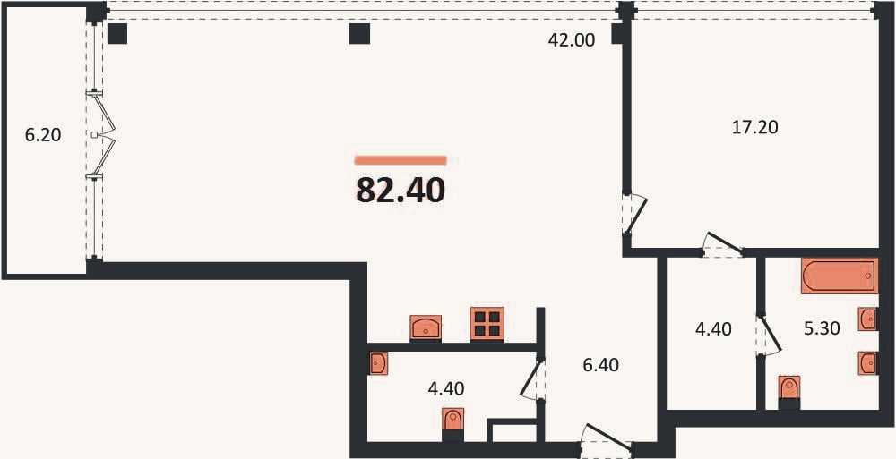 Планировка: 1-к, 82,3 м²