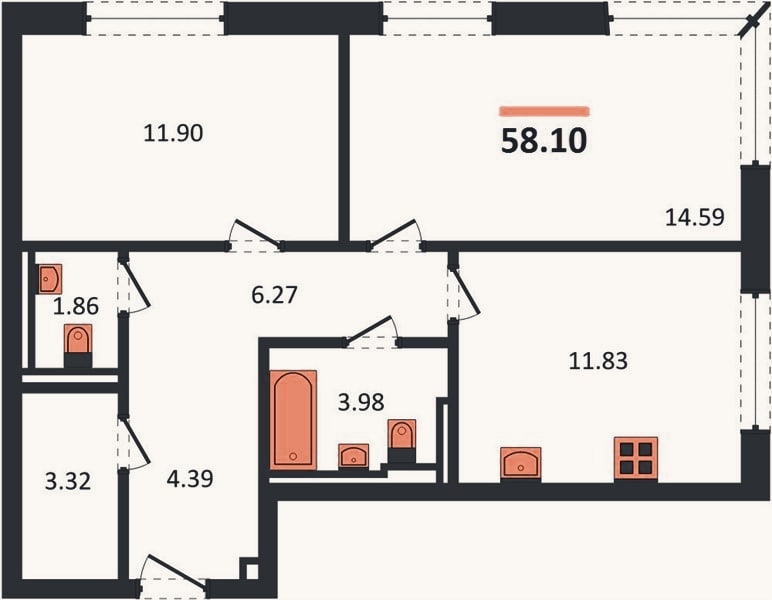 Планировка: 2-к, 58,1 м²
