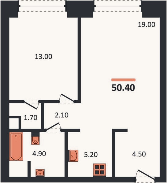 Планировка: 1-к, 50,4 м²