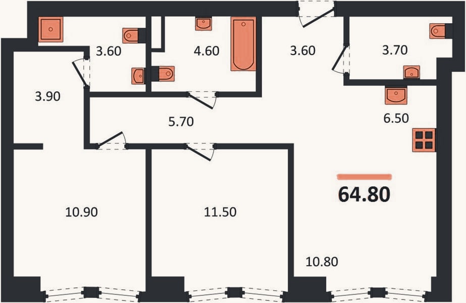 Планировка: 2-к, 64,5 м²