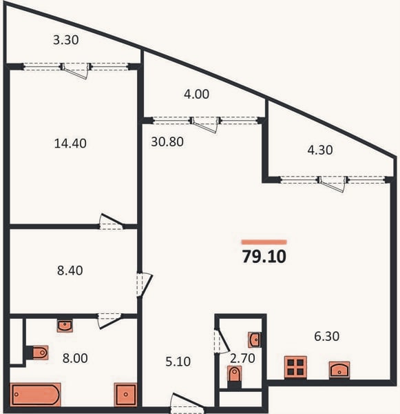 Планировка: 1-к, 79,1 м²