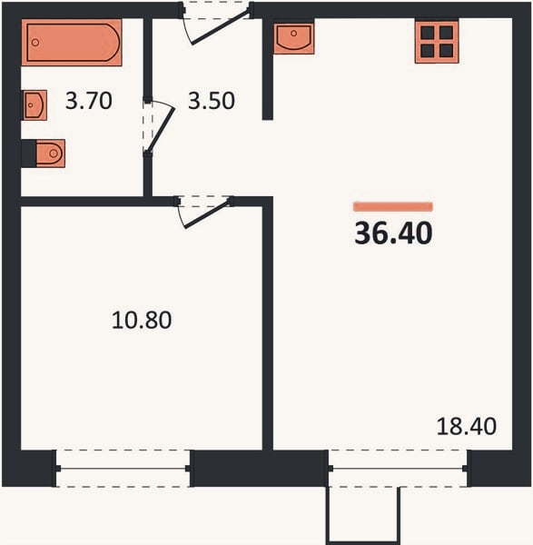 Планировка: 1-к, 36,4 м²