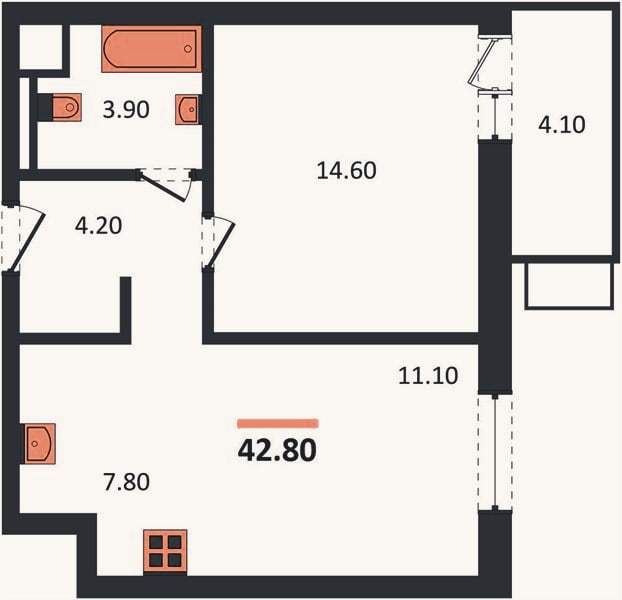 Планировка: 1-к, 42,8 м²