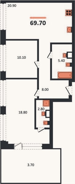 Планировка: 2-к, 69,7 м²