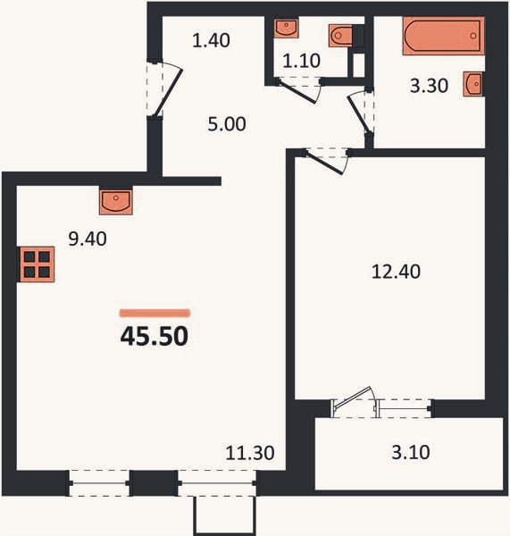 Планировка: 1-к, 45,5 м²