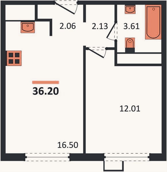 Планировка: 1-к, 36,2 м²