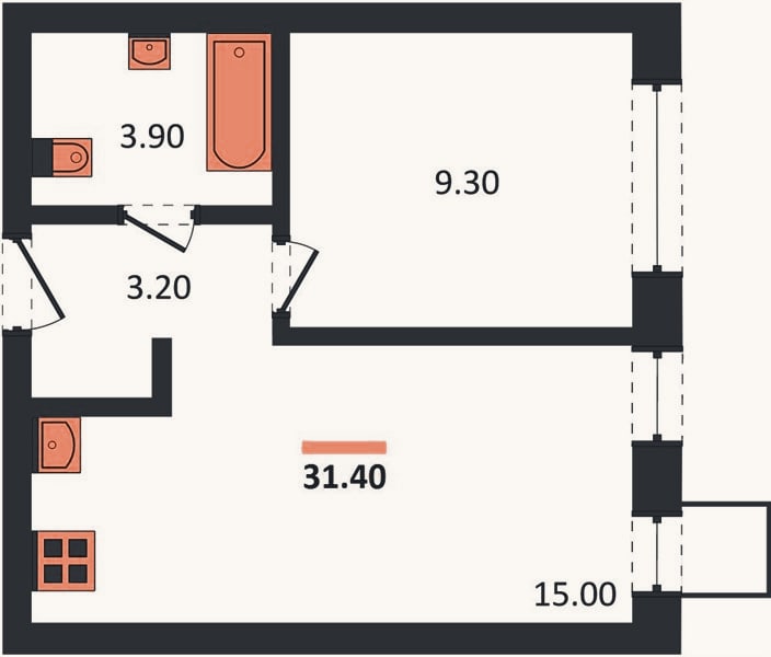 Планировка: 1-к, 31,4 м²