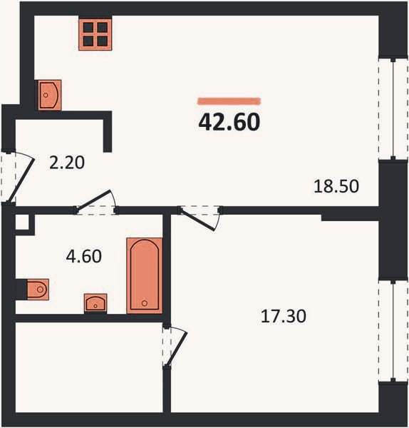 Планировка: 1-к, 42,6 м²