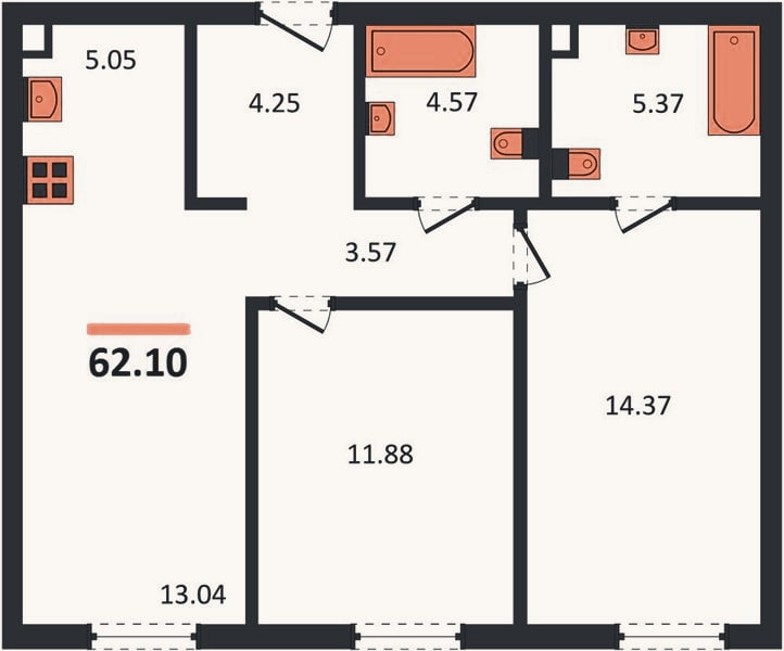 Планировка: 2-к, 62,1 м²