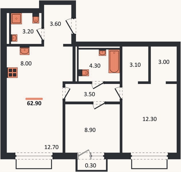 Планировка: 2-к, 62,9 м²