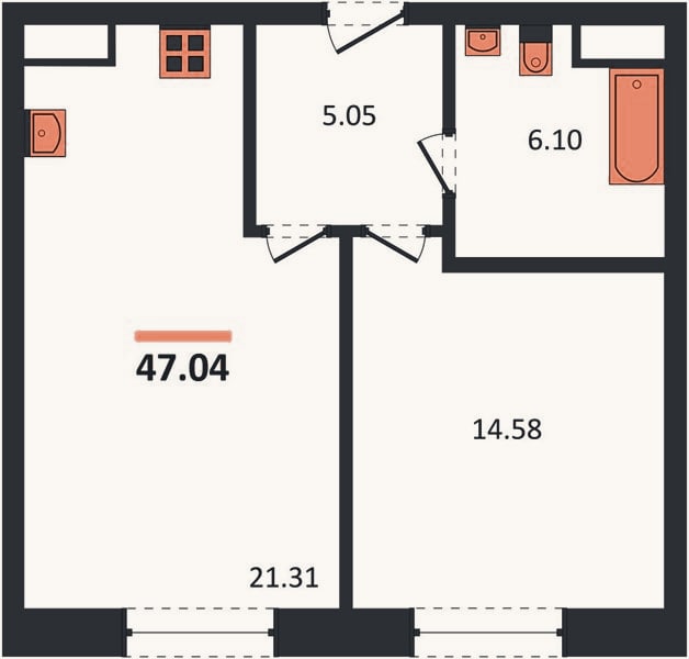 Планировка: 1-к, 47 м²