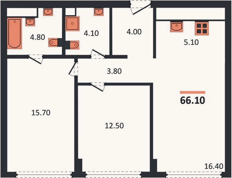Планировка: 2-к, 66,1 м²