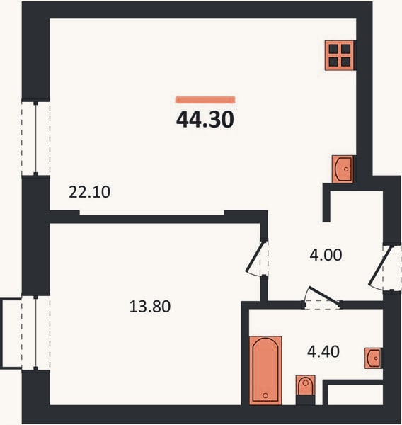 Планировка: 1-к, 44,3 м²