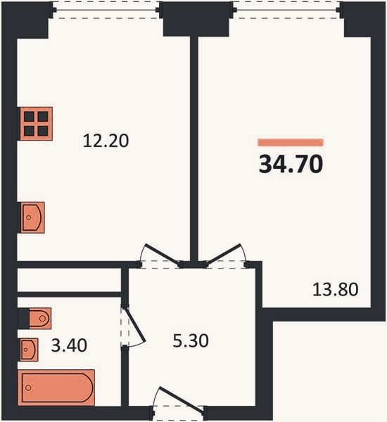 Планировка: 1-к, 34,7 м²