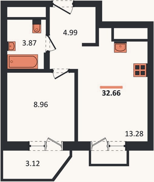 Планировка: 1-к, 32,7 м²