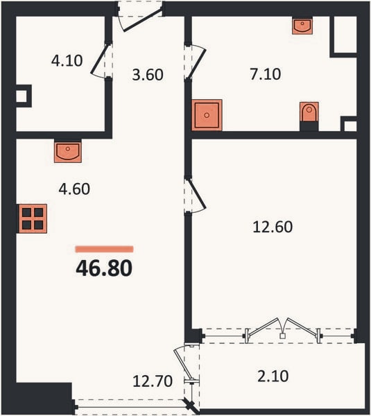 Планировка: 1-к, 46,8 м²