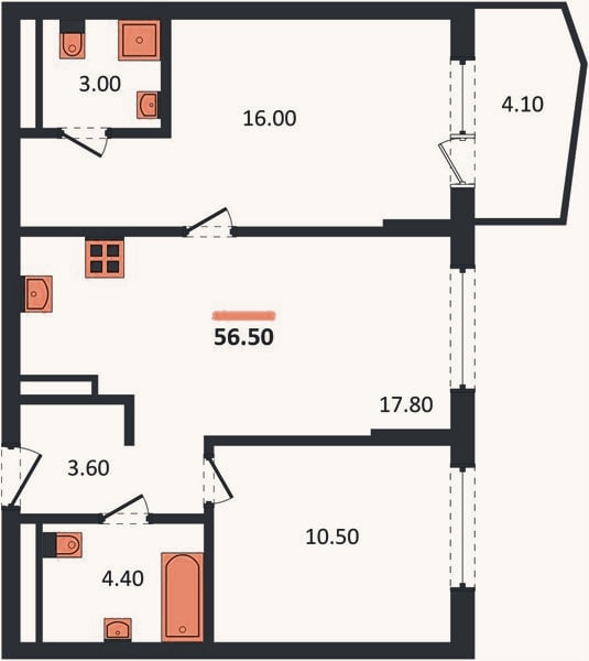 Планировка: 2-к, 56,5 м²