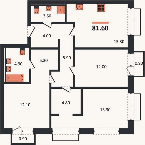 Планировка: 3-к, 81,6 м²