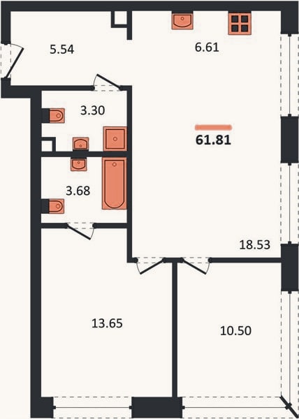 Планировка: 2-к, 61,8 м²