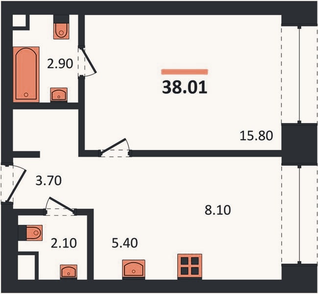 Планировка: 1-к, 38 м²