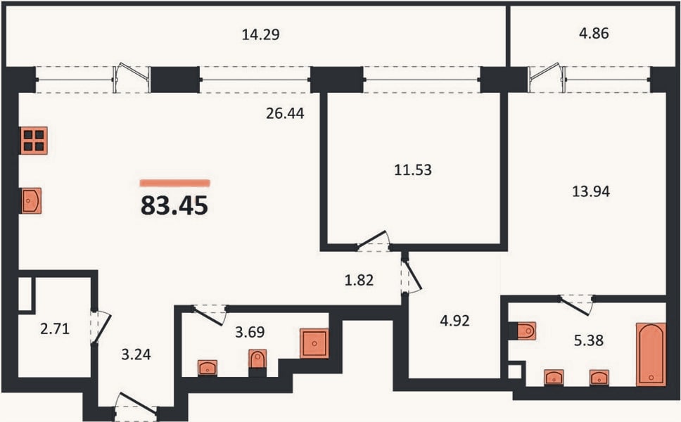 Планировка: 2-к, 83,1 м²