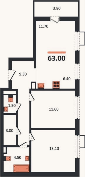 Планировка: 2-к, 63 м²