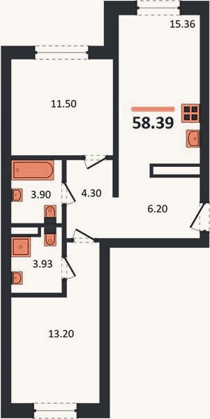 Планировка: 2-к, 58,4 м²