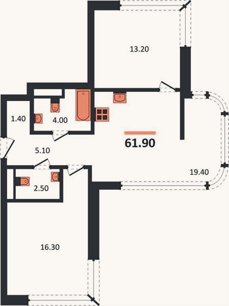 Планировка: 2-к, 61,9 м²