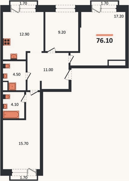 Планировка: 3-к, 76,1 м²